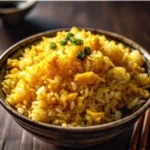 A bowl of golden fried rice with egg yolk coating each grain.
