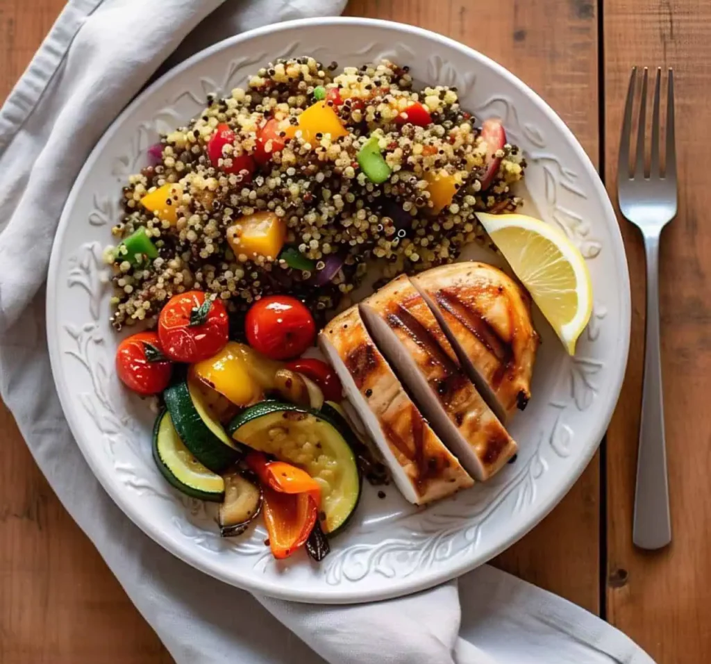 4 Quinoa Salad Recipe: Healthy, Delicious & Easy to Make 6 A quinoa salad meal with grilled chicken and roasted vegetables.