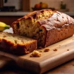 Freshly baked banana bread on a wooden cutting board