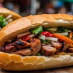 A freshly made Vietnamese banh mi sandwich with crispy baguette, grilled pork, pickled vegetables, and cilantro.
