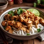 A bowl of Peanut Lime Chicken with Noodles garnished with lime wedges and chopped peanuts.