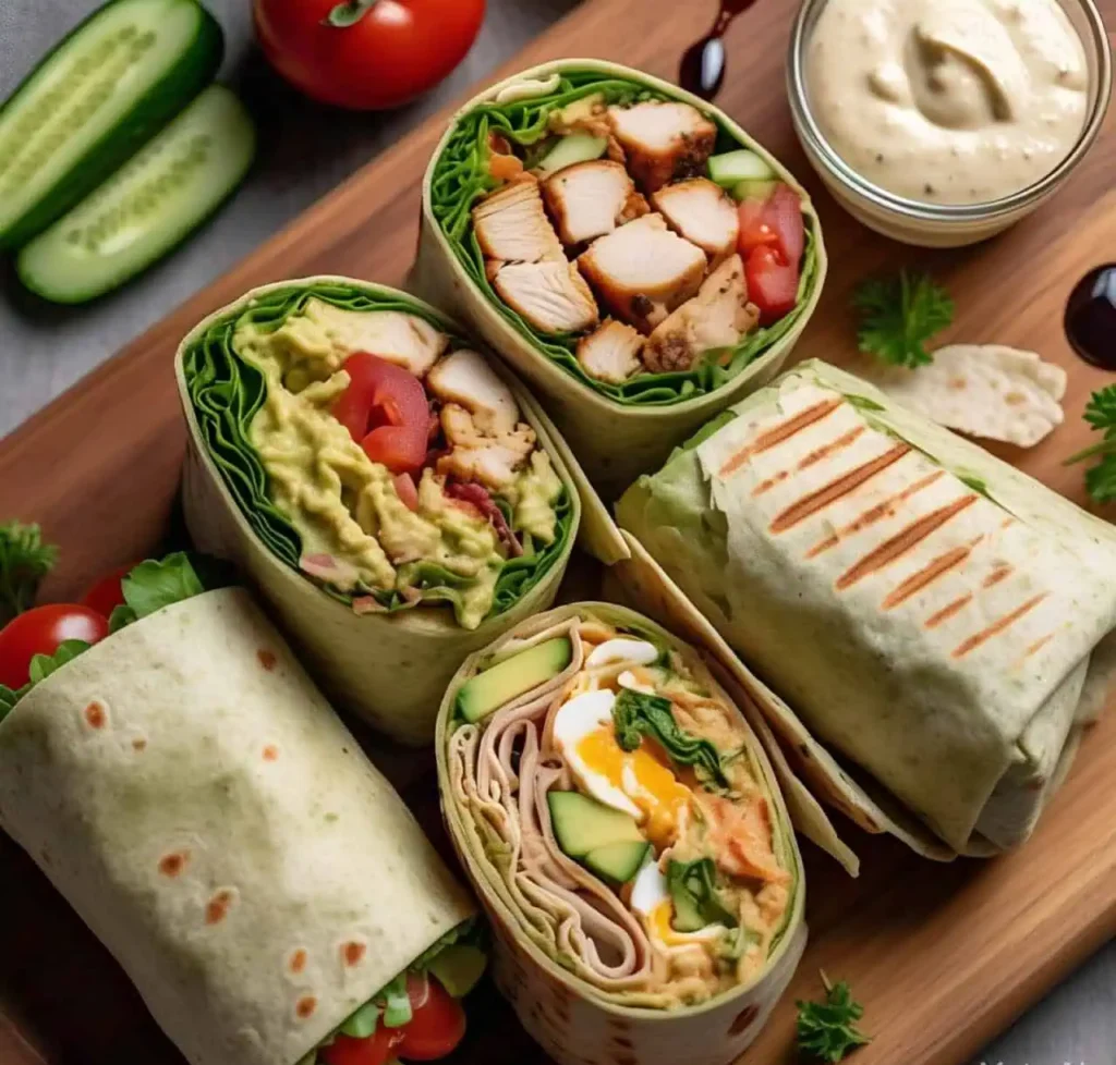 A variety of freshly made wraps with different fillings on a wooden serving board.