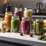 A colorful variety of smoothies in glass jars with fresh fruits and vegetables.