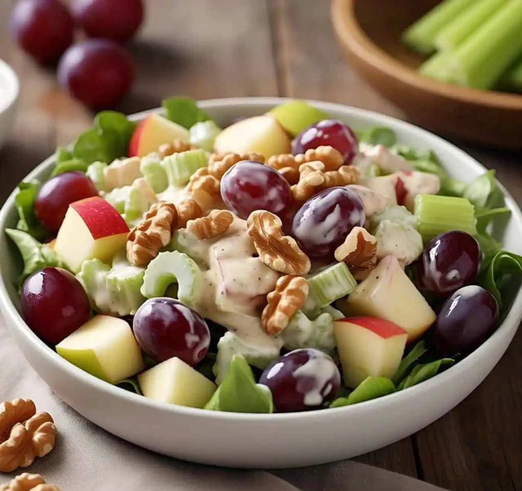 A classic Waldorf Salad with apples, grapes, walnuts, and creamy dressing.