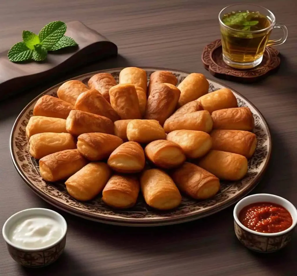 3 Moroccan Spring Rolls (Briouats): A Crispy, Flavor-Packed Delight 6 Moroccan Briouats served on a traditional platter with dipping sauces.