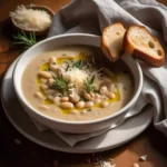 A bowl of Tuscan White Bean Soup garnished with Parmesan and fresh herbs.