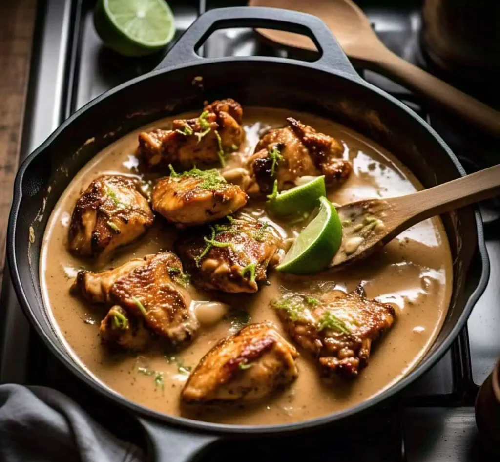 Peanut Lime Chicken with Noodles: A Flavorful and Easy Meal 3 Chicken cooking in a pan with peanut lime sauce, bubbling and thickening.
