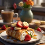 A crepe topped with cream cheese filling, fresh fruit, and syrup.