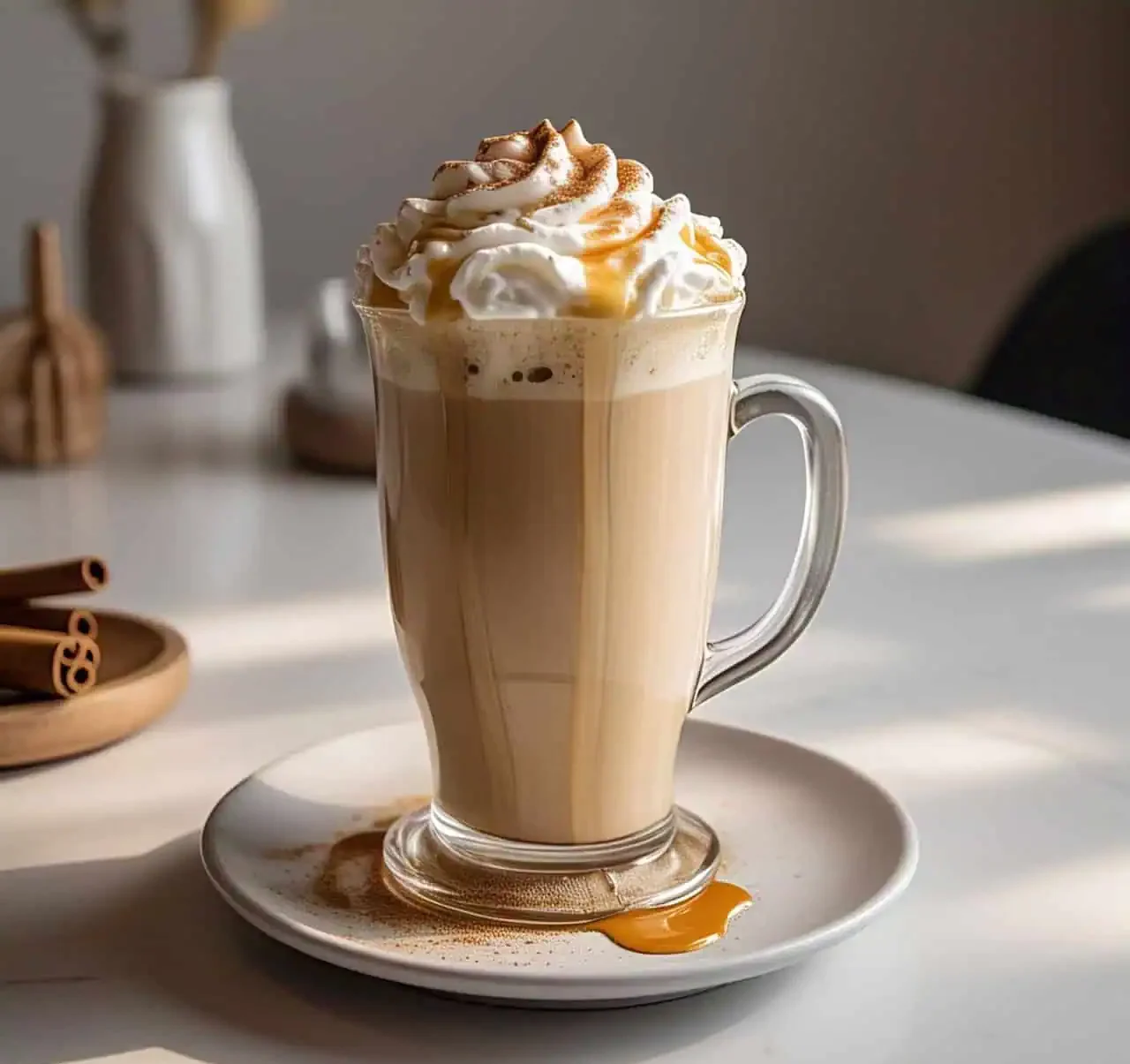 A beautifully garnished Vanilla Chai Latte with cinnamon and whipped cream