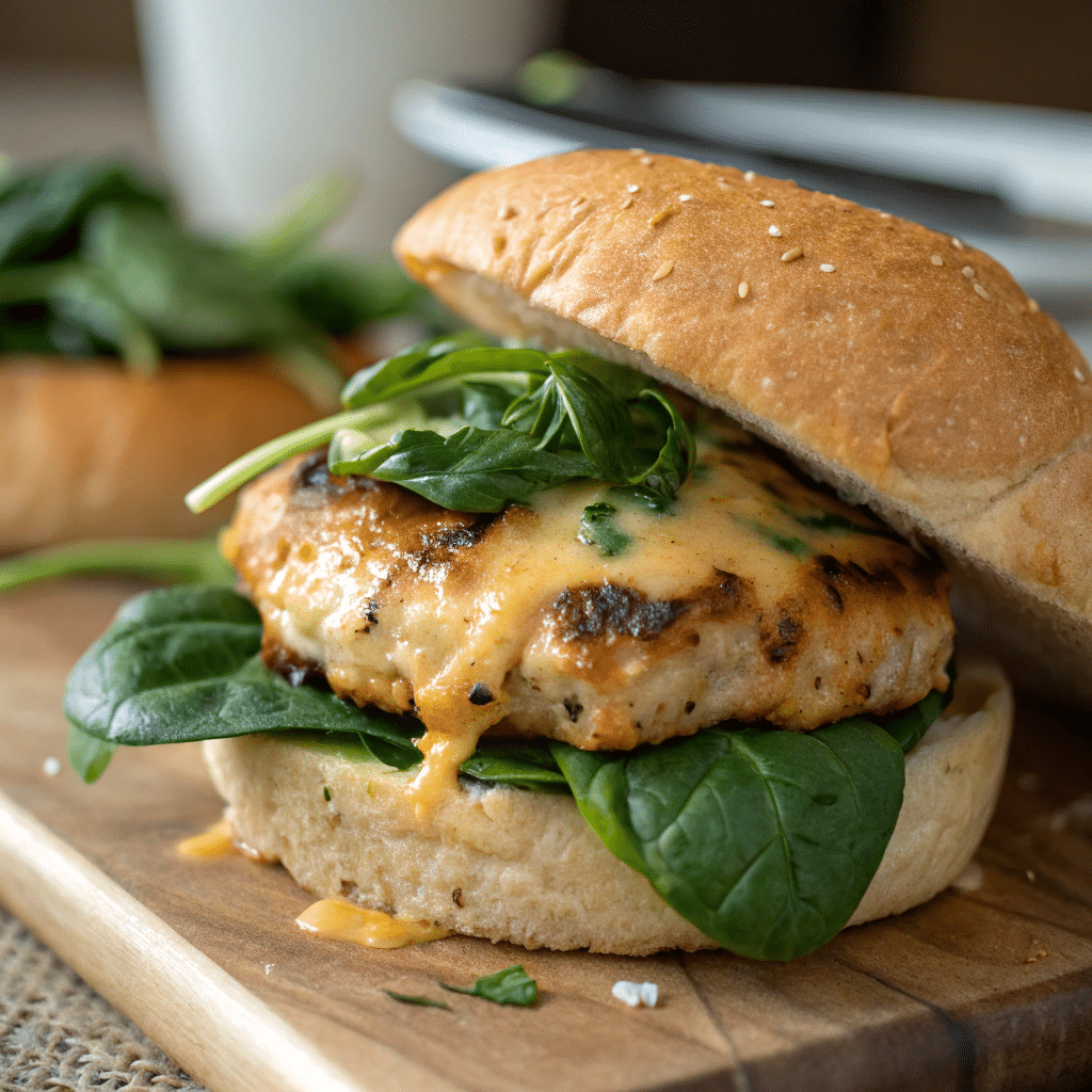 Juicy homemade chicken burgers with fresh toppings
