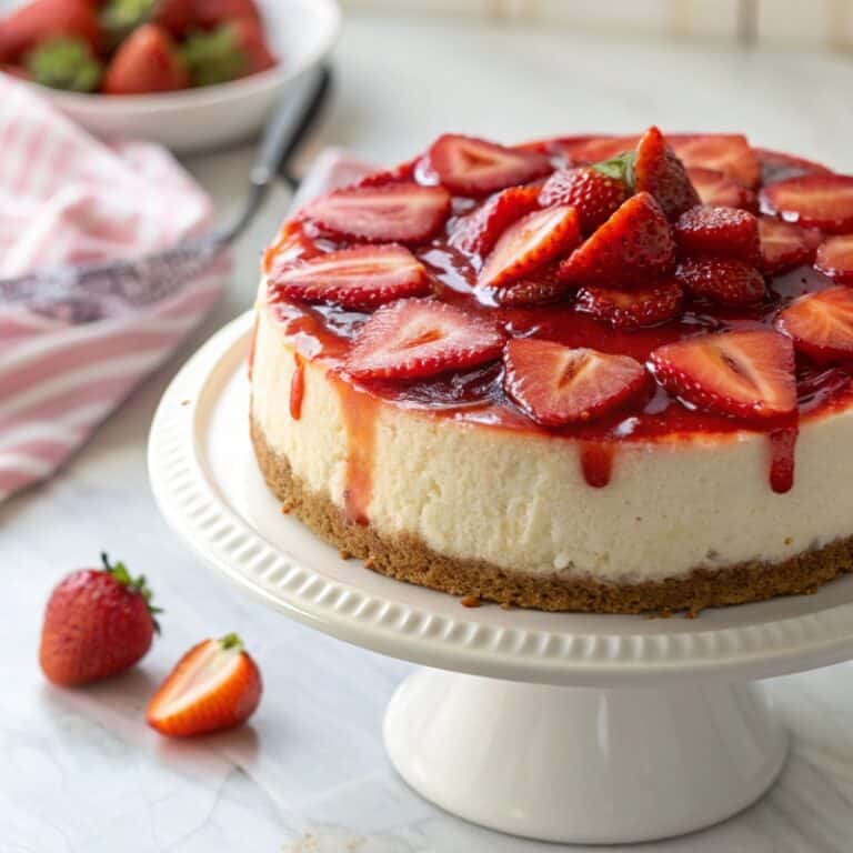 A classic strawberry cheesecake with fresh strawberry topping