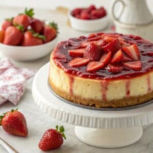 A classic strawberry cheesecake with fresh strawberry topping
