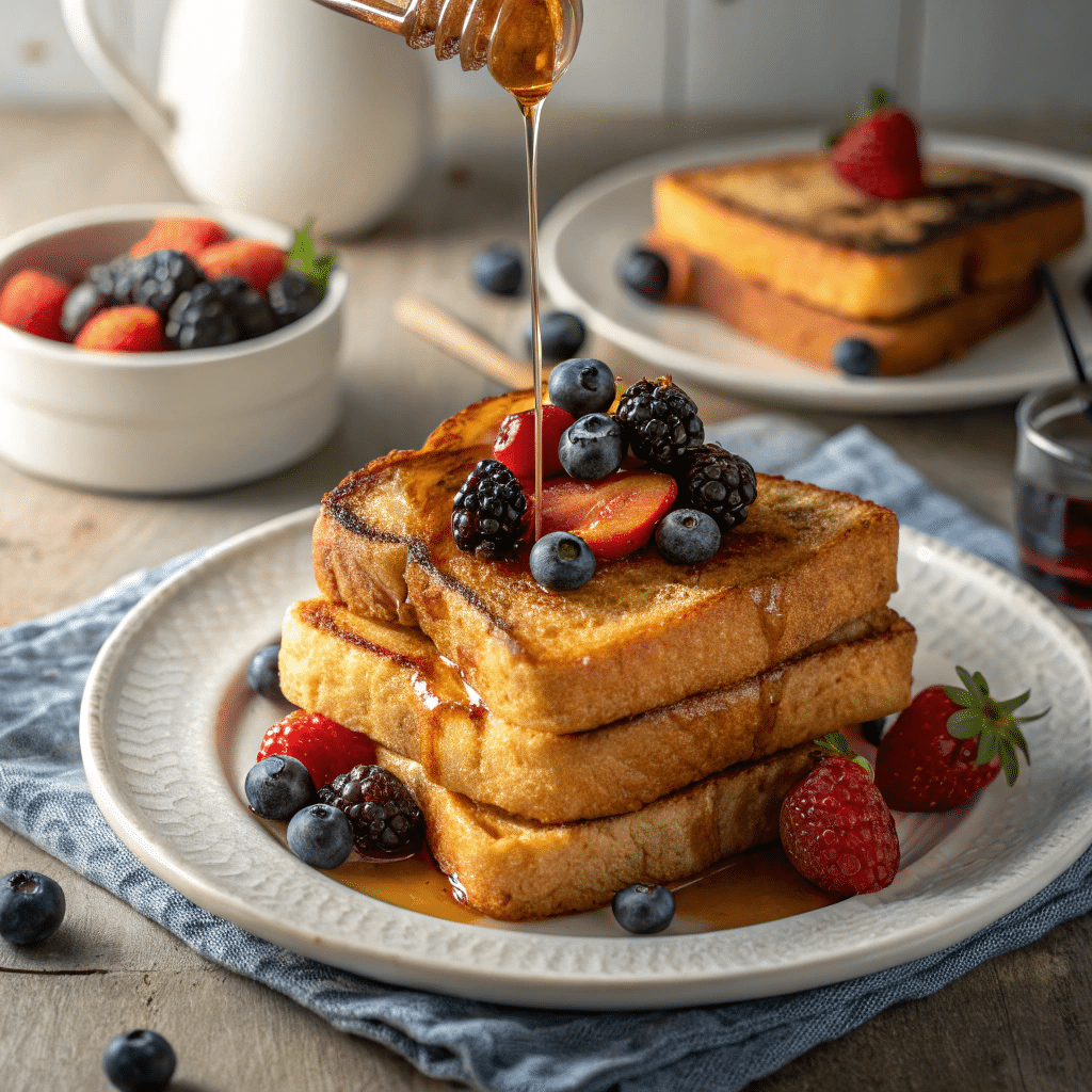 Perfect golden French toast with berries and syrup