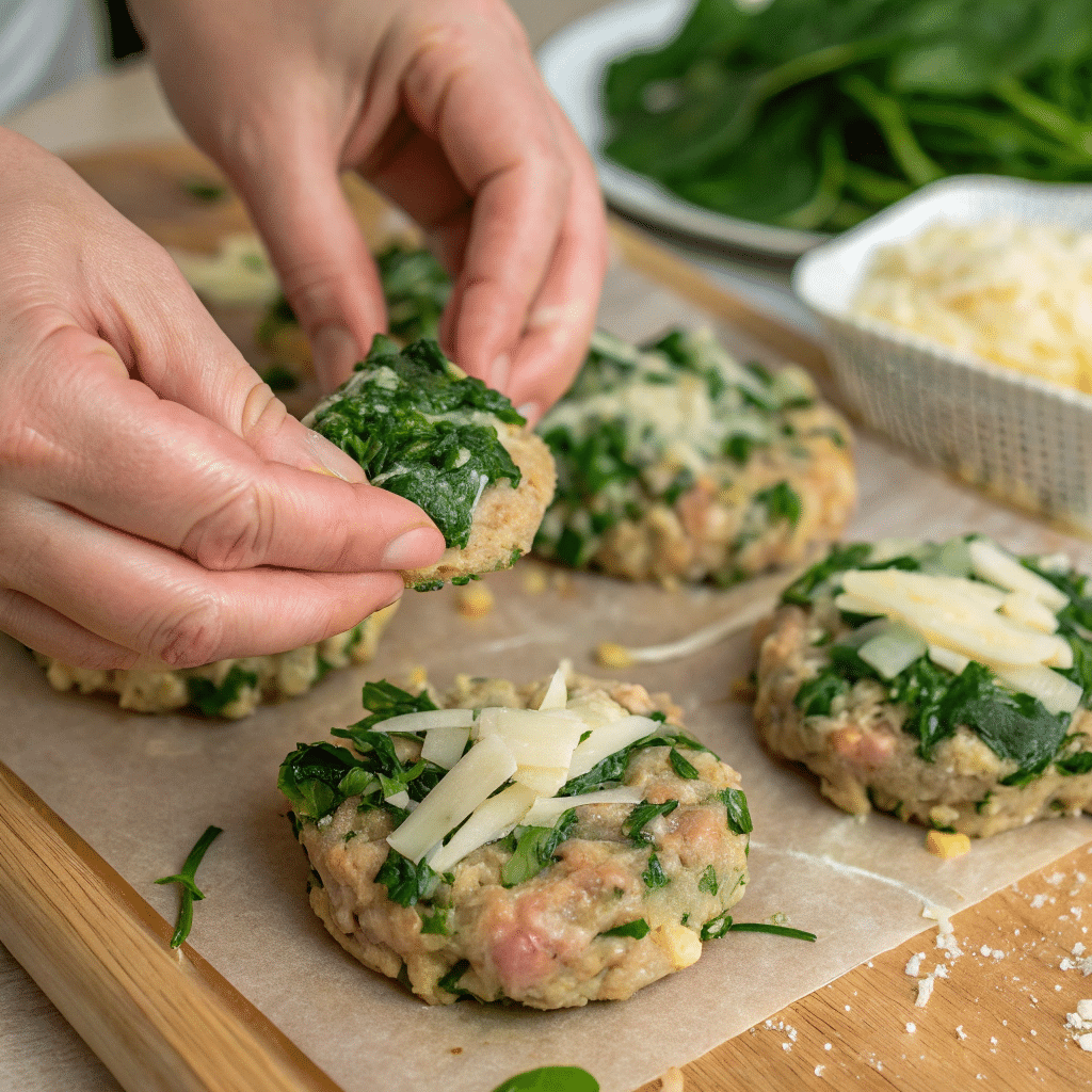 preparing cheddar spinach chicken burger patties
