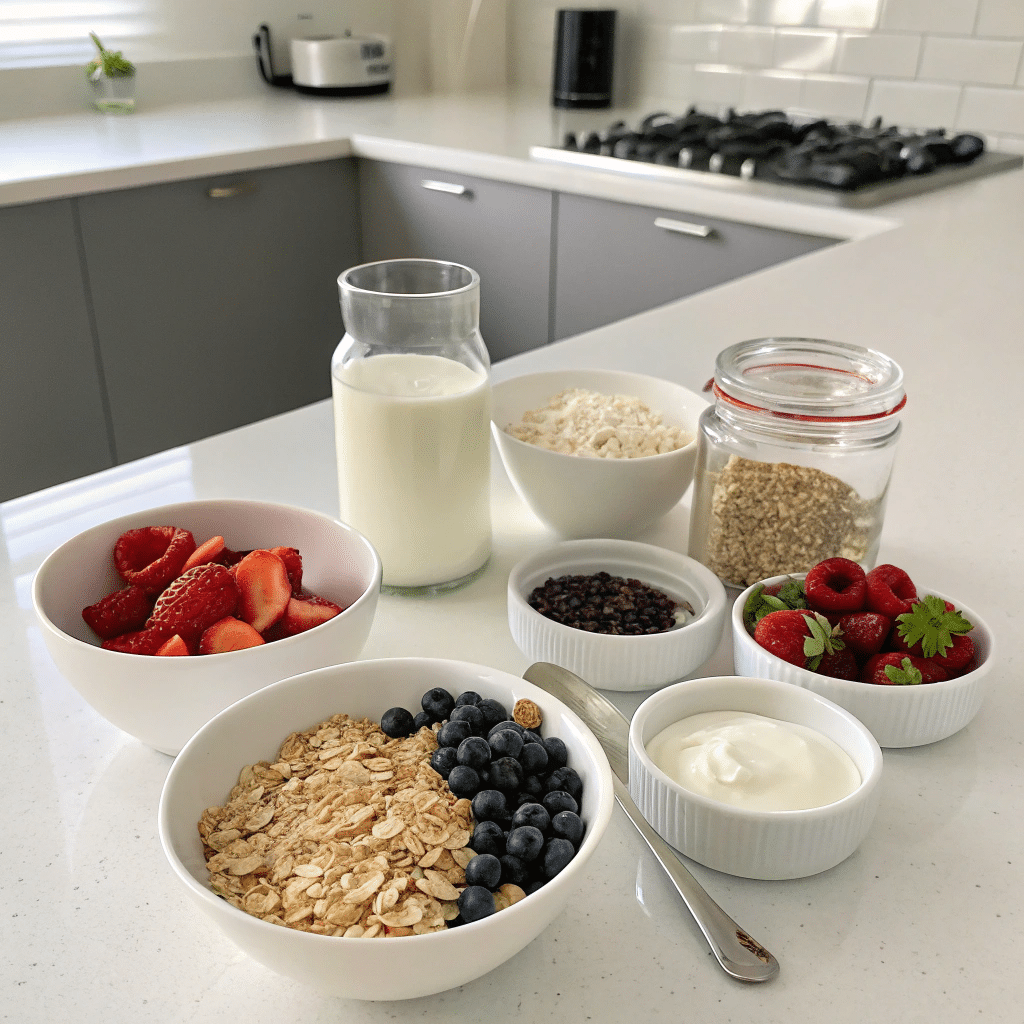 8 Overnight Oats Recipe: Easy, Healthy, and Perfect for Meal Prep 3 Rolled oats, milk, yogurt, and toppings arranged on a wooden kitchen counter