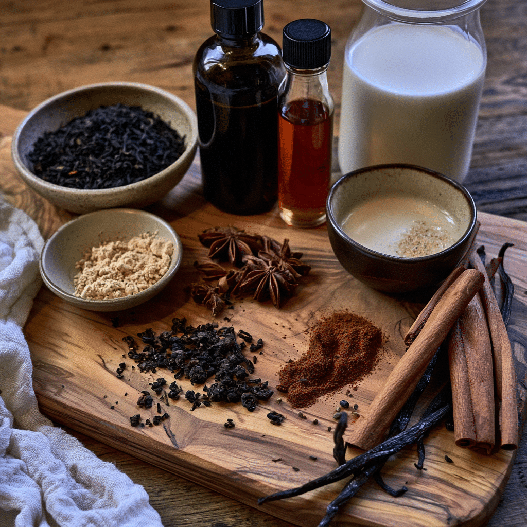 u2277374376_Flat_lay_of_vanilla_chai_latte_ingredients_black__28ef3d49-2d2d-4cc2-a79f-9f522f1028d6_0 vanilla chai latte ingredients