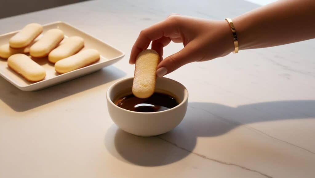 Classic Tiramisu: The Best Italian Recipe 4 Ladyfingers being dipped into espresso to prepare tiramisu layers.