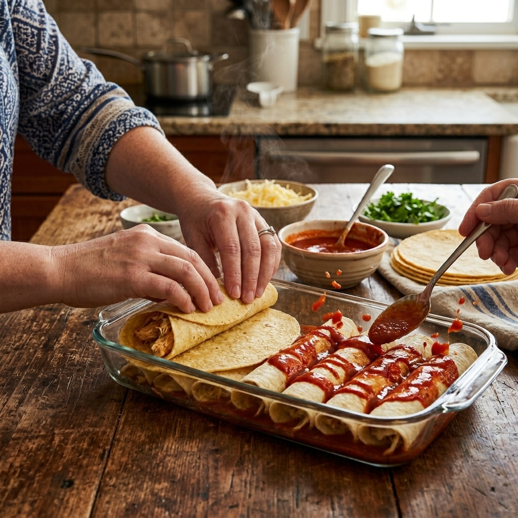 Enchiladas: The Ultimate Guide to 7 Cheesy Mexican Comfort Food 4 Hands rolling a soft corn tortilla filled with shredded chicken and cheese. The tortilla is being placed seam-side down into a glass baking dish, where several enchiladas are neatly arranged. A spoon is drizzling red enchilada sauce over the top before baking. The setting includes a rustic wooden table with a warm, homey kitchen feel.