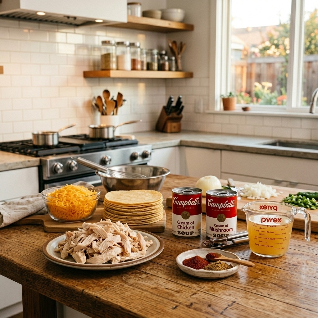 Fresh ingredients for King Ranch Casserole, including shredded chicken, tortillas, cheese, and canned soup.