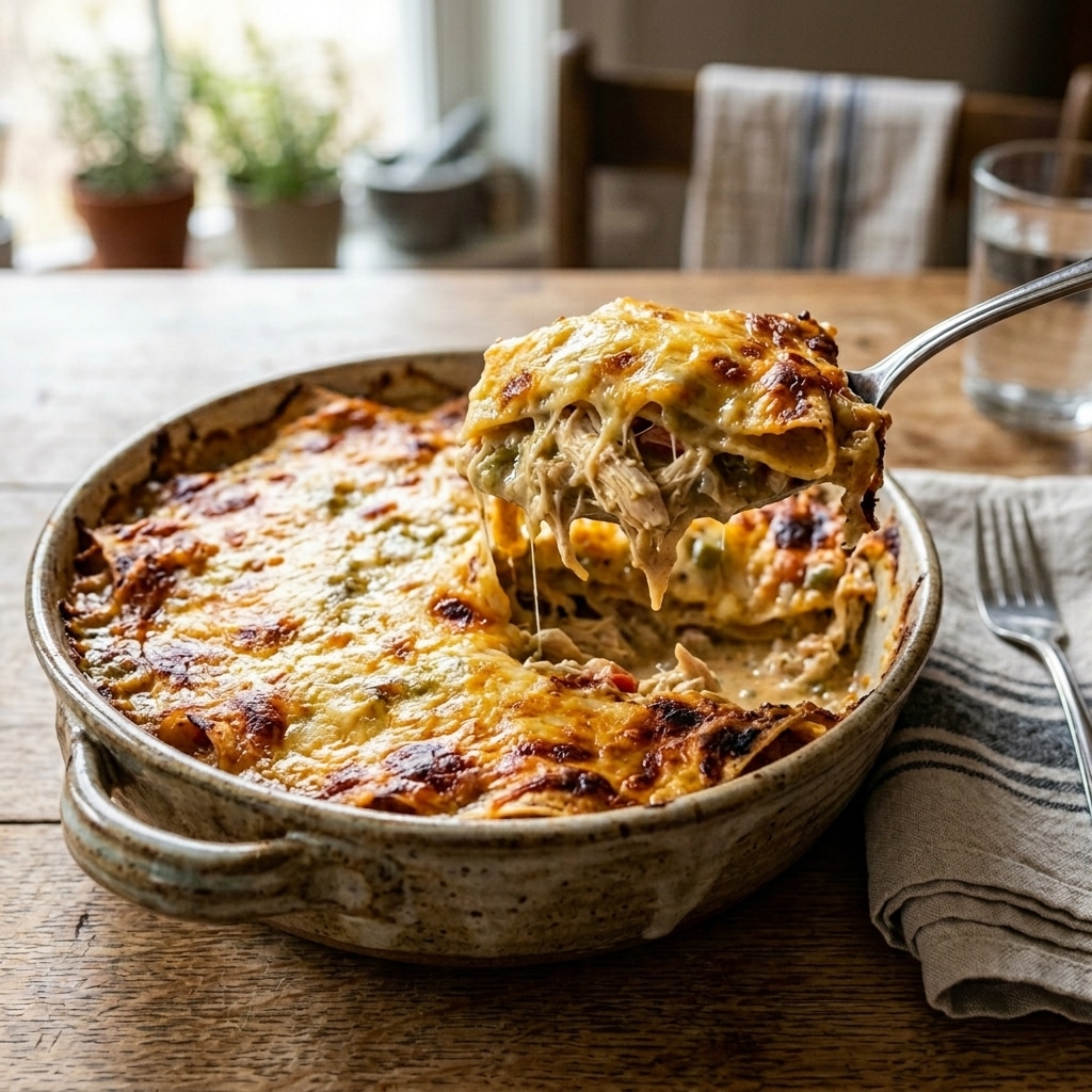 A cheesy, golden-brown King Ranch Casserole in a baking dish, ready to serve.