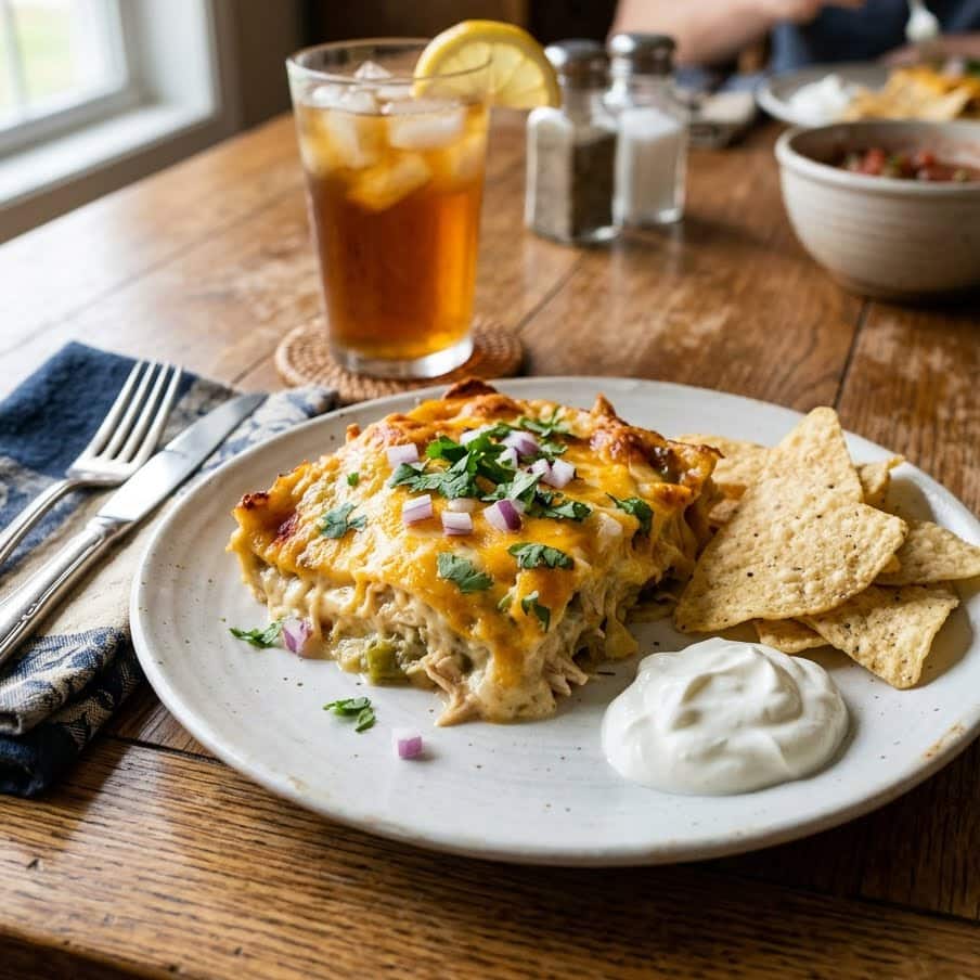 A plated serving of King Ranch Casserole garnished with fresh cilantro and a side of sour cream.