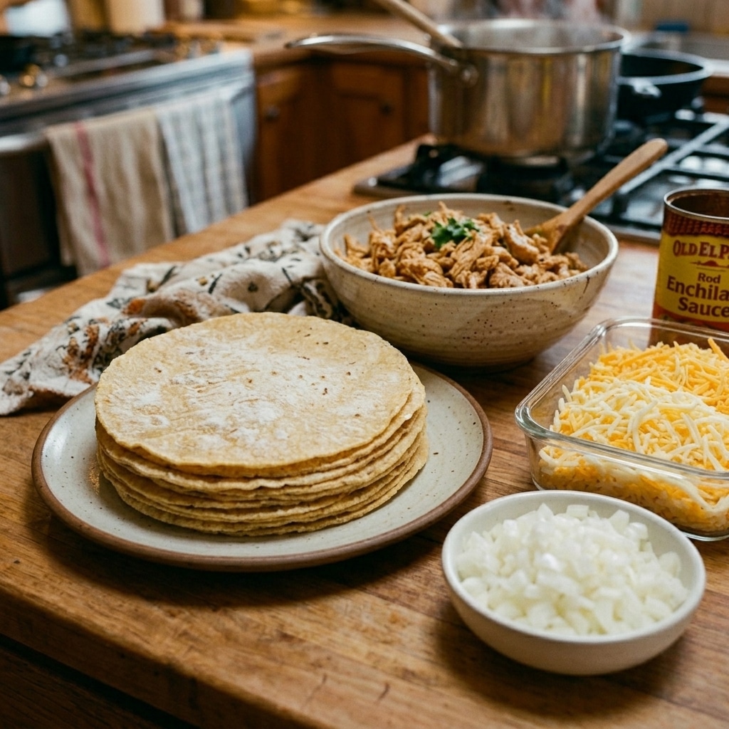 Enchiladas: The Ultimate Guide to 7 Cheesy Mexican Comfort Food 3 Fresh ingredients for enchiladas, including tortillas, shredded chicken, cheese, and enchilada sauce.