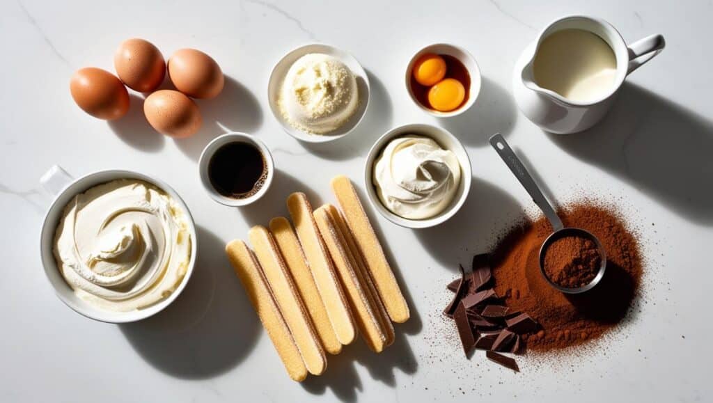 Classic Tiramisu: The Best Italian Recipe 3 Ingredients for classic tiramisu including eggs, sugar, mascarpone, espresso, ladyfingers, and cocoa powder.