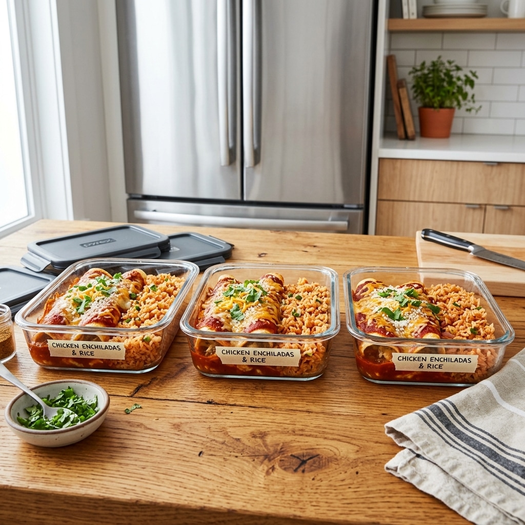 Enchiladas: The Ultimate Guide to 7 Cheesy Mexican Comfort Food 6 Glass meal prep containers filled with portioned enchiladas, ready for storage.