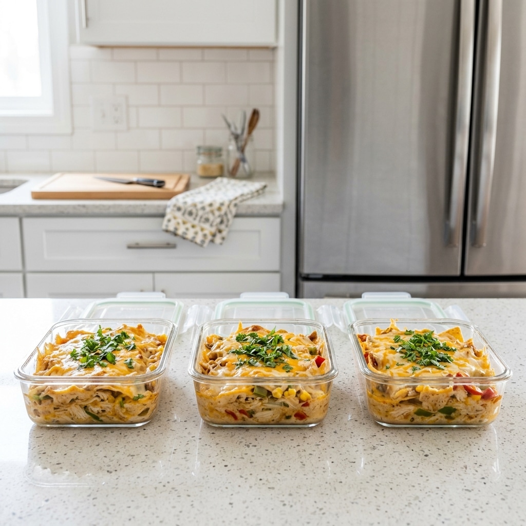 Meal prep containers filled with leftover King Ranch Casserole, ready for storage.
