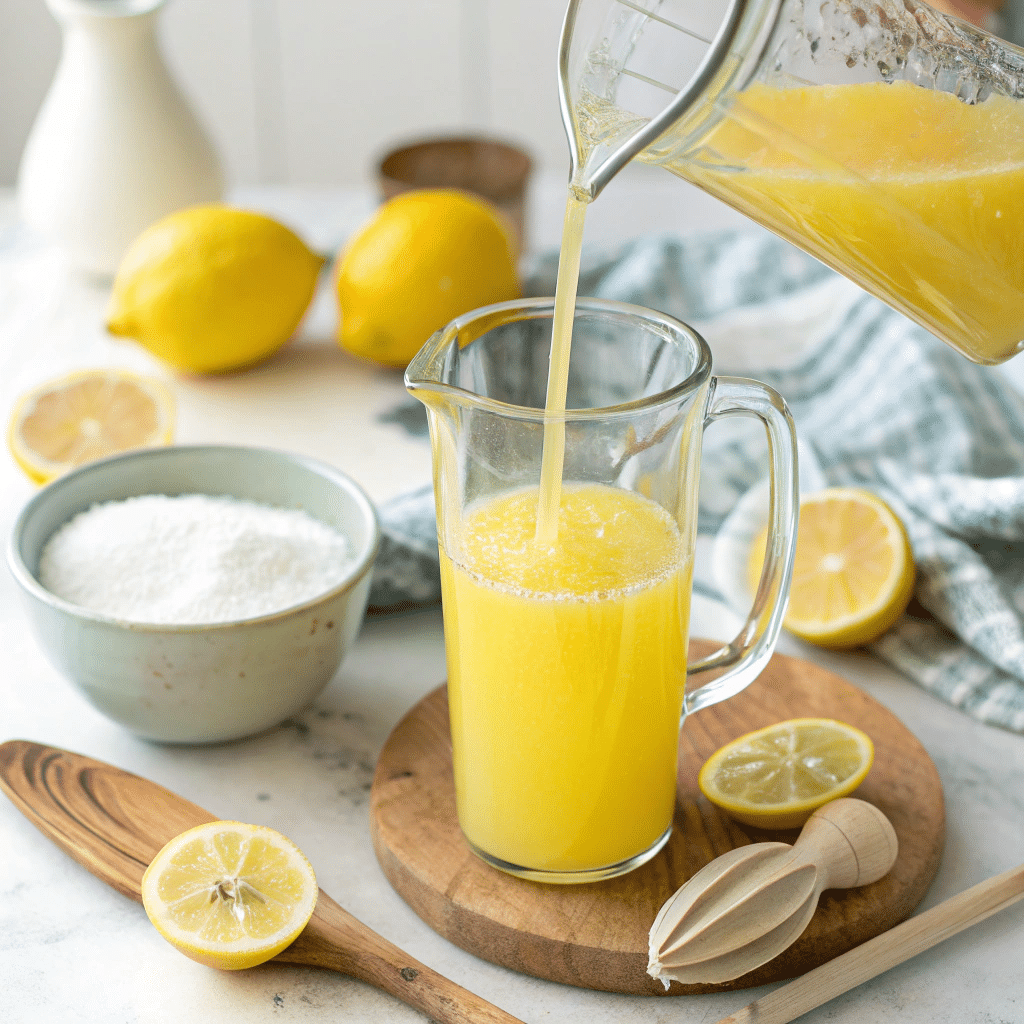5 best Homemade Lemonade: Easy, Refreshing, and Perfectly Sweet 4 A person pouring homemade lemonade from a glass pitcher into a tall glass filled with ice.