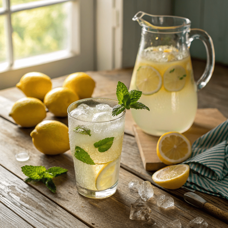 A tall glass of homemade lemonade with ice cubes, lemon slices, and a sprig of fresh mint.