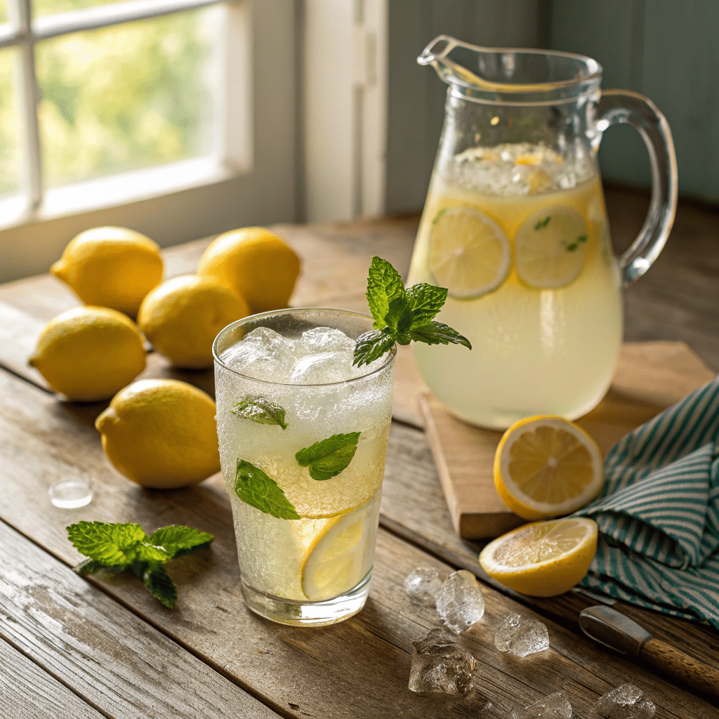 5 best Homemade Lemonade: Easy, Refreshing, and Perfectly Sweet 1 A tall glass of homemade lemonade with ice cubes, lemon slices, and a sprig of fresh mint.