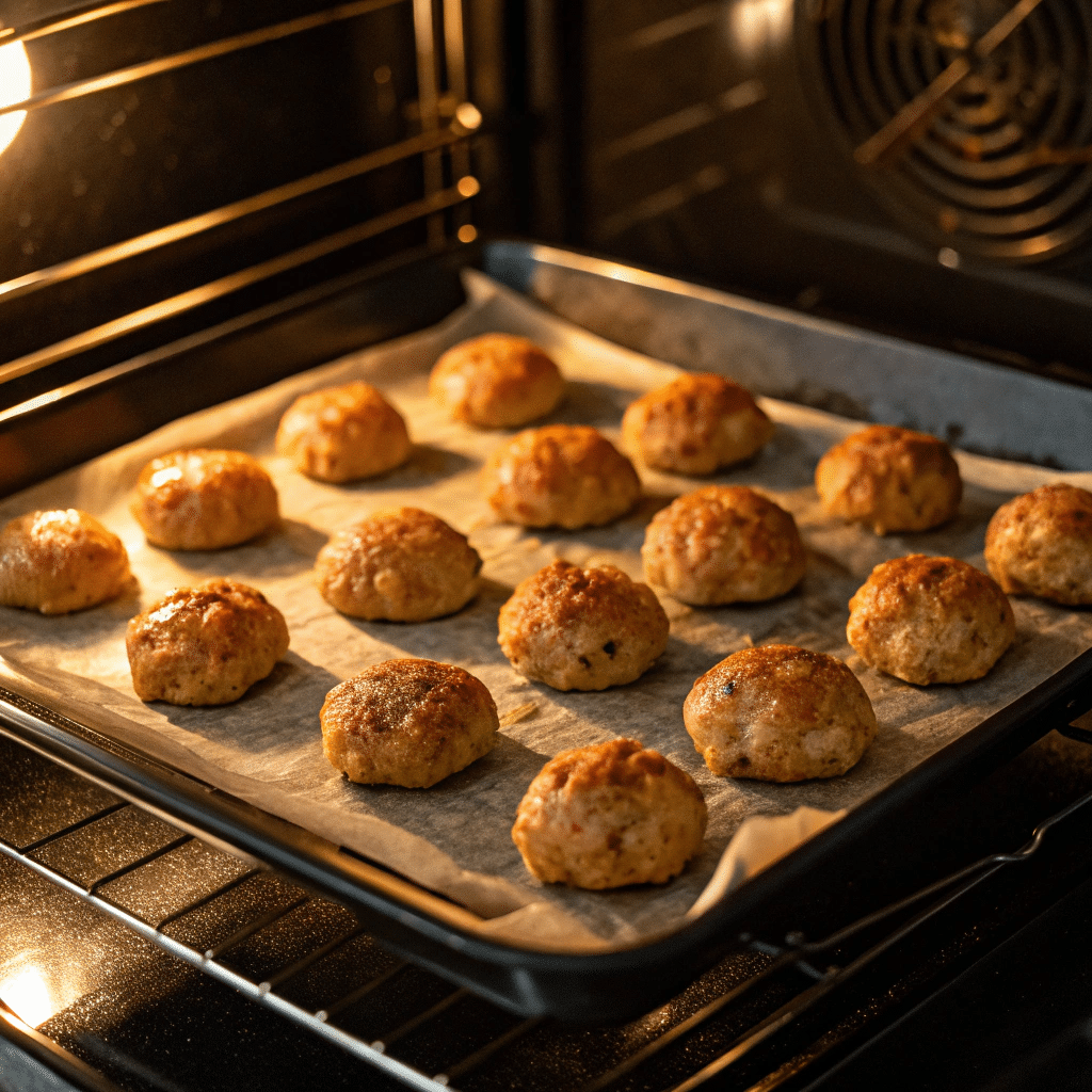 3-Ingredient Chicken Meatballs: Easy, Healthy & Delicious 4 A tray of chicken meatballs baking in the oven, turning golden brown.