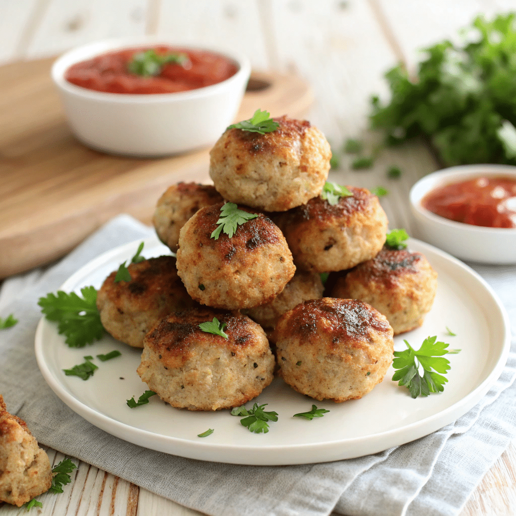 3-Ingredient Chicken Meatballs: Easy, Healthy & Delicious 1 A plate of golden-brown 3-Ingredient Chicken Meatballs served with dipping sauce.