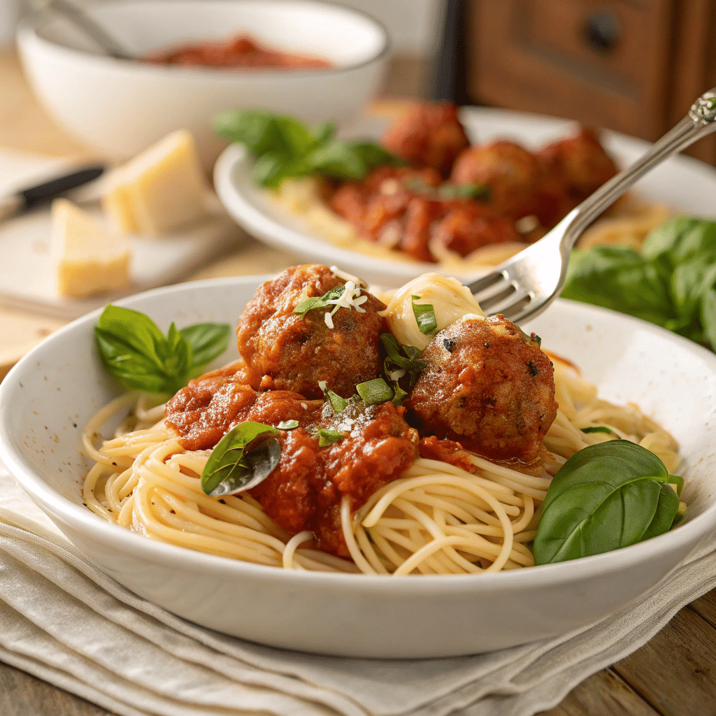 3-Ingredient Chicken Meatballs: Easy, Healthy & Delicious 5 A plate of spaghetti with chicken meatballs covered in marinara sauce.