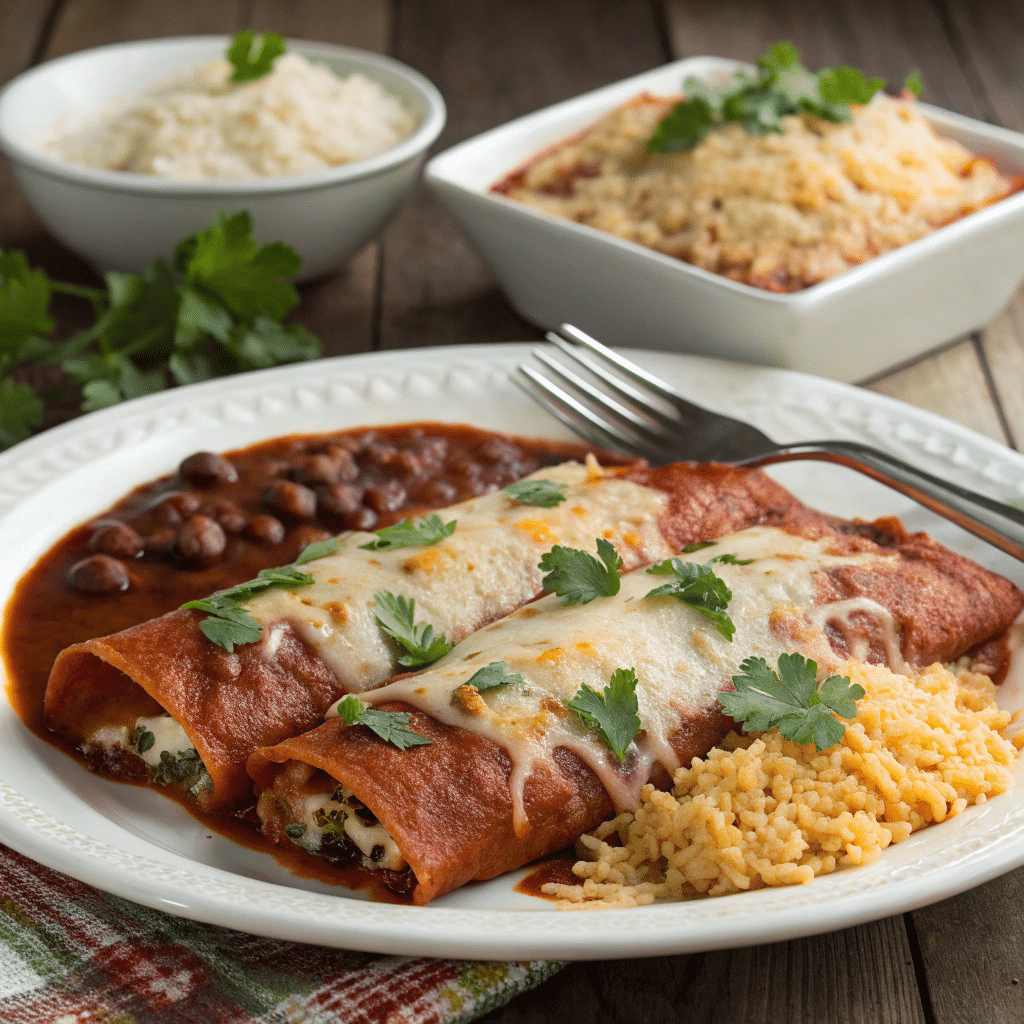 Enchiladas: The Ultimate Guide to 7 Cheesy Mexican Comfort Food 1 A plate of cheesy red enchiladas garnished with cilantro and served with rice and beans.