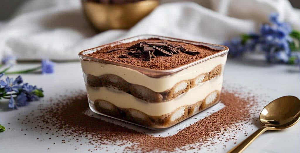 Classic tiramisu in a glass dish dusted with cocoa powder and chocolate shavings.