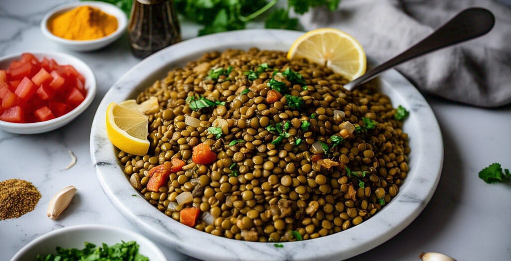 A bowl of Moroccan lentils garnished with fresh cilantro