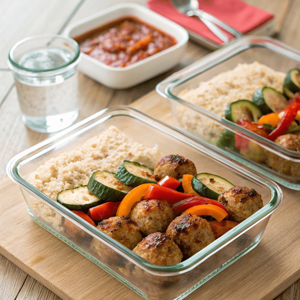 3-Ingredient Chicken Meatballs: Easy, Healthy & Delicious 6 Meal prep containers with chicken meatballs, roasted vegetables, and rice.
