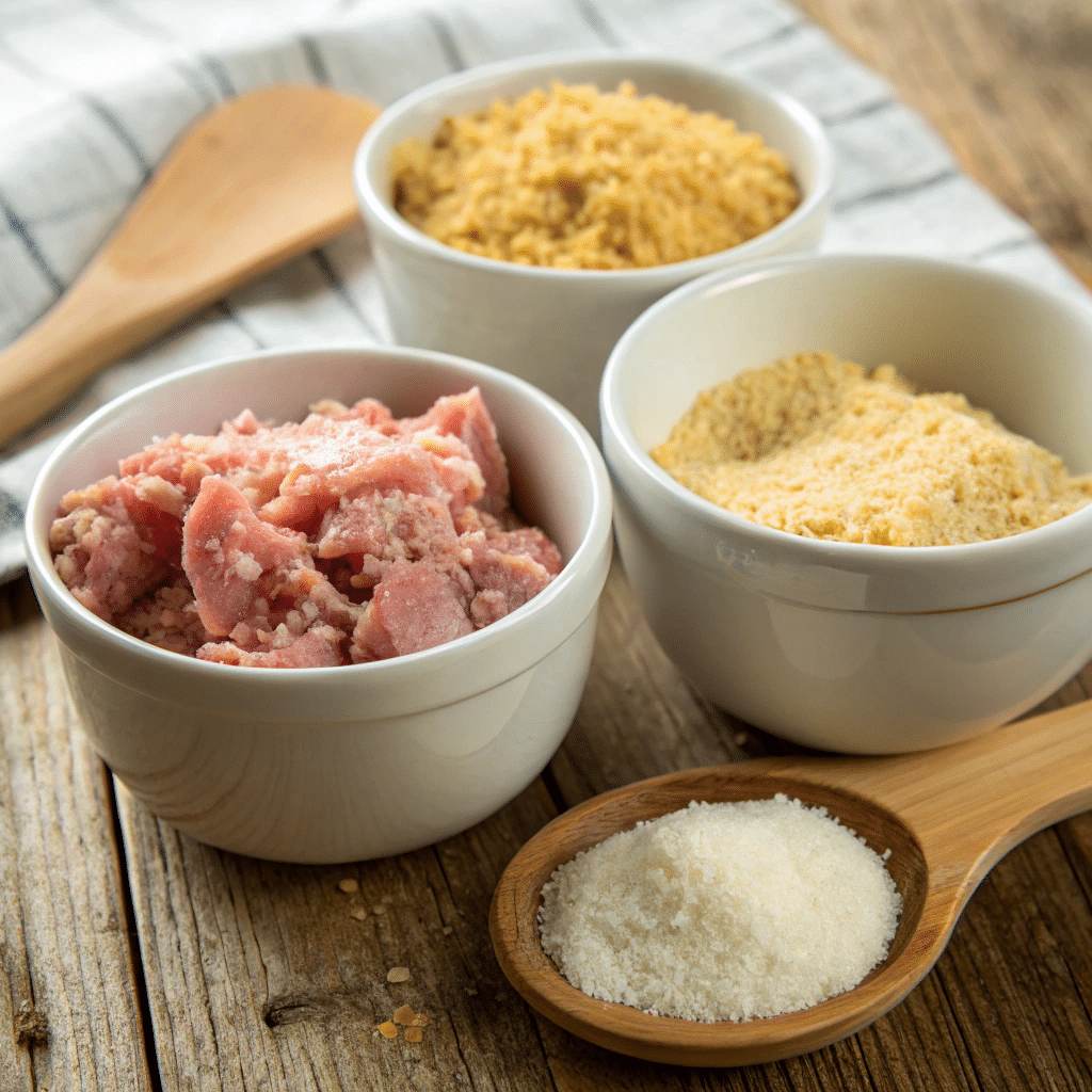 3-Ingredient Chicken Meatballs: Easy, Healthy & Delicious 3 A bowl of ground chicken, breadcrumbs, and Parmesan cheese on a wooden kitchen counter.