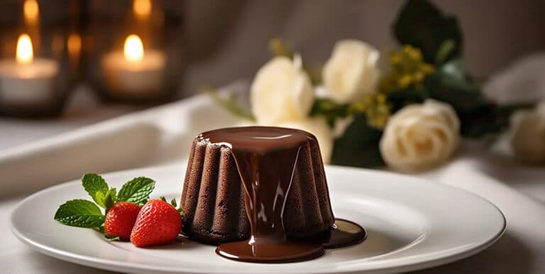 A rich chocolate lava cake with a molten center oozing onto a plate.