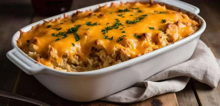 Freshly baked cheesy chicken and rice casserole topped with golden melted cheddar cheese and parsley in a white baking dish.