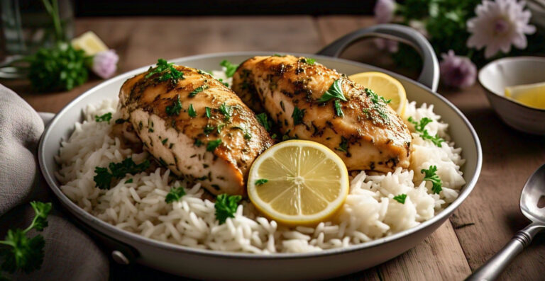 Overhead view of lemon herb chicken and rice in a skillet, garnished with herbs and lemon wedges
