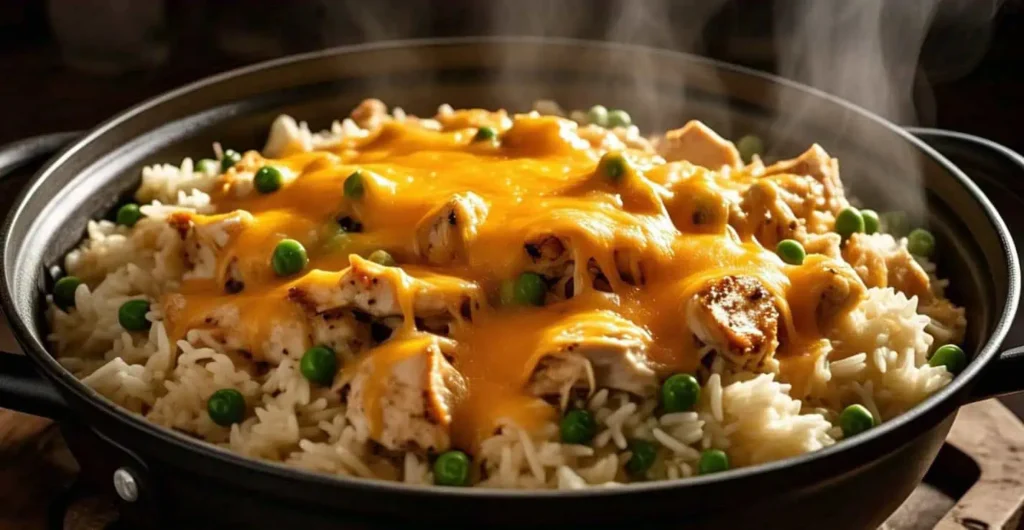 One pot creamy chicken and rice topped with melted cheddar and peas in a Dutch oven.