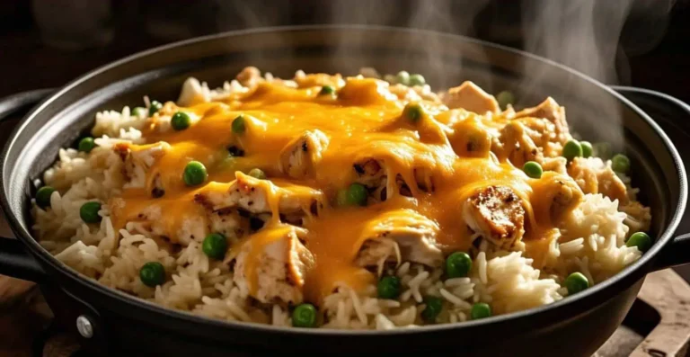 One pot creamy chicken and rice topped with melted cheddar and peas in a Dutch oven.