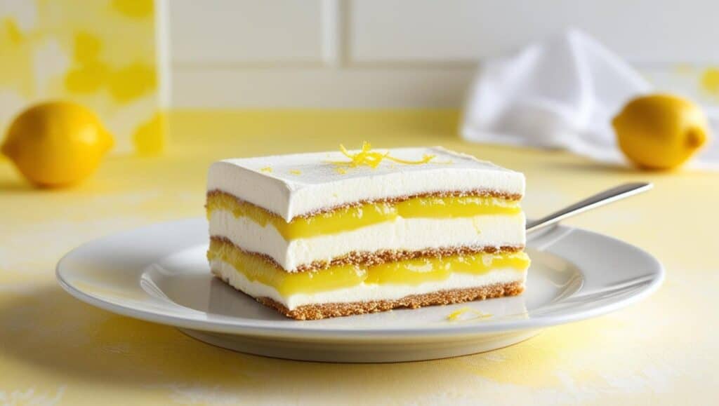 Slice of lemon tiramisu on a plate with lemon zest and mint garnish