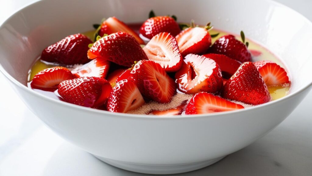 sliced-strawberries-in-a-white-bowl-mixed-with-lemon-juice-and-sugar