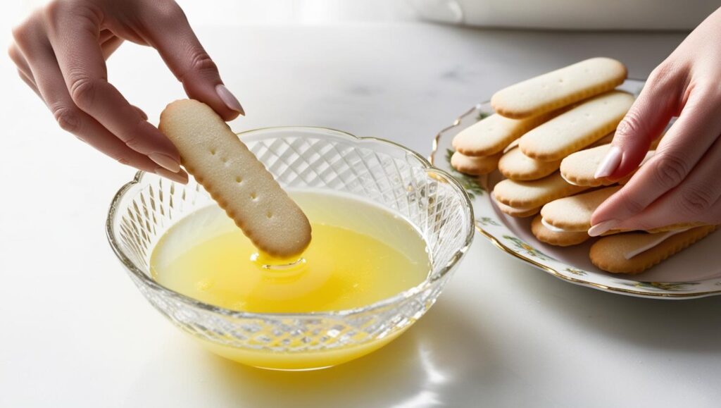 Ladyfingers being dipped in lemon soak for no-bake tiramisu