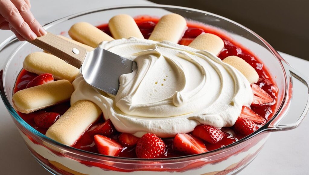 Mid-assembly-shot-of-ladyfingers-in-a-dish-topped-with-strawberry-