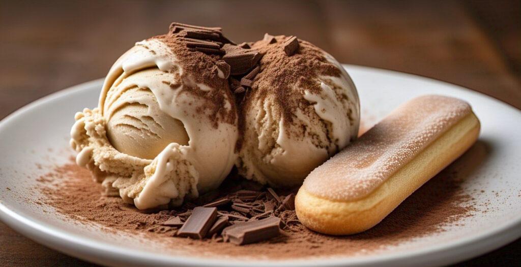 Single scoop of tiramisu ice cream served in a bowl with cocoa powder and chocolate shavings.